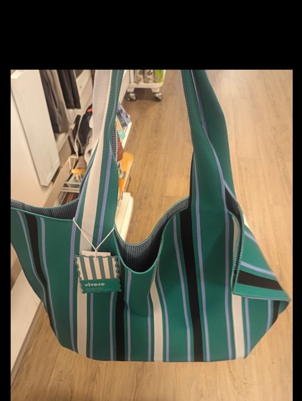 VIVERE  Large Teal Blue  STRIPES KNIT SHOPPER TOTE BAG